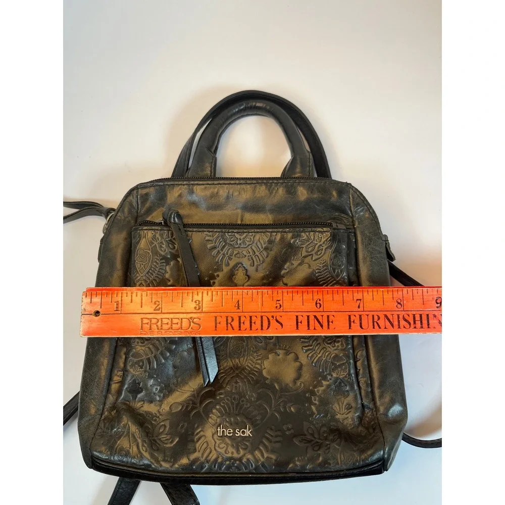The Sak Black Leather Embossed Floral Mini Backpack Convertible Crossbody Bag